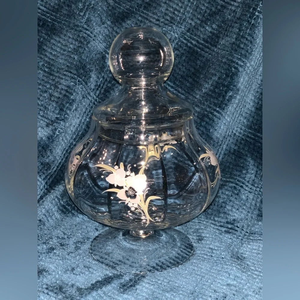 Vintage Pastel Floral Clear Glass Apothecary Pedestal Jar Round Bubble Potbelly